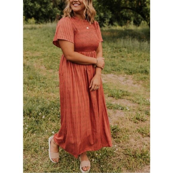 ROOLEE Smocked Maxi Dress Womens Size M Prairie Boho Red Black Stripes